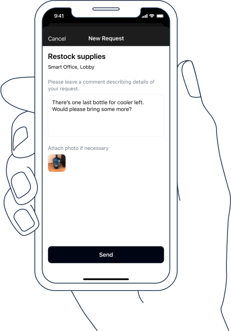 TagPoint app screenshot: add request description, optionally add a photo to provide additional context