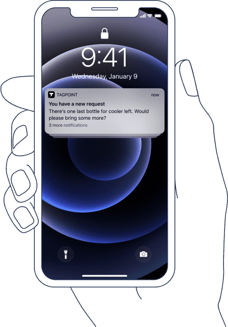 TagPoint app screenshot: assigned employee gets notified of the request with options to start and close for instant customer feedback